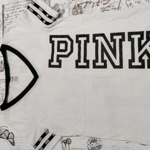 PINK Victoria's Secret Kids V-Neck Tee - White with Black Trim